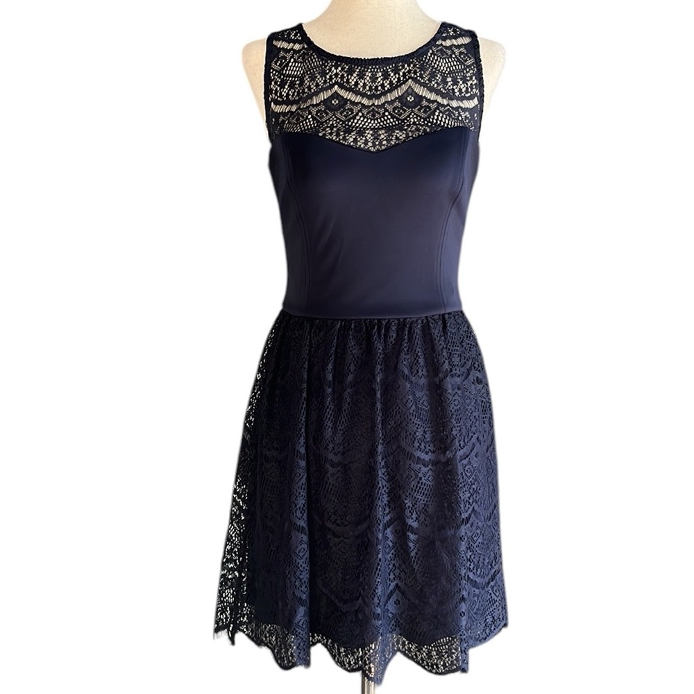 Guess Navy Blue Illusion Lace Sleeveless Sweetheart Neck Mini Dress